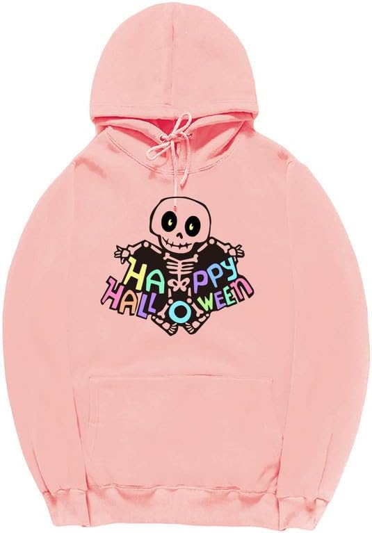 CORIRESHA Women's Teen Halloween Skeleton Hoodie Long Sleeve Drawstring Pocket Letters Sweatshirt