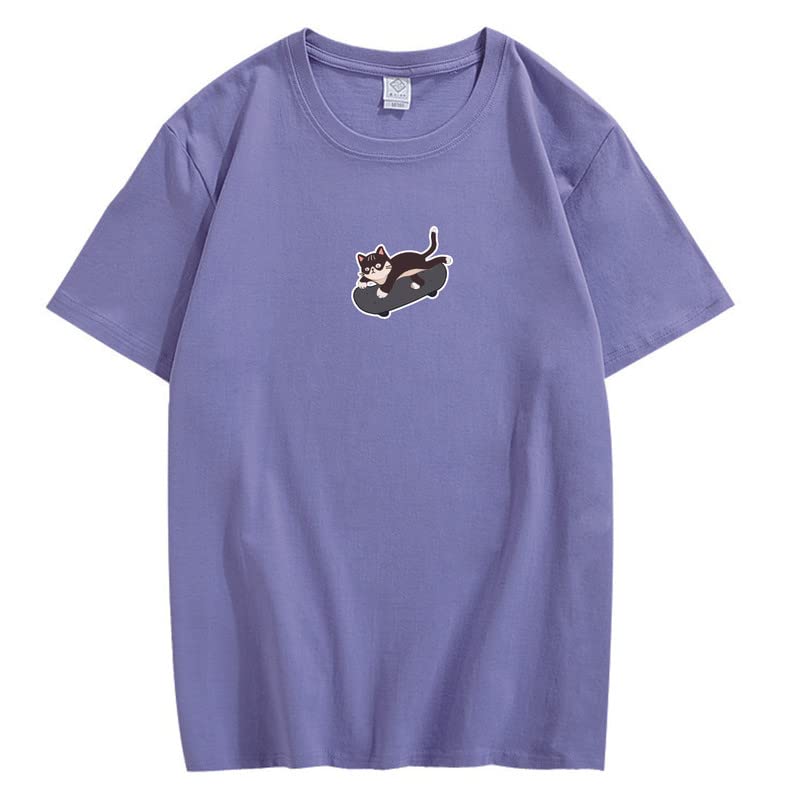 CORIRESHA Unisex Kawaii Ropa Cuello Redondo Manga Corta Lindo Monopatín Gato Camiseta Suelta