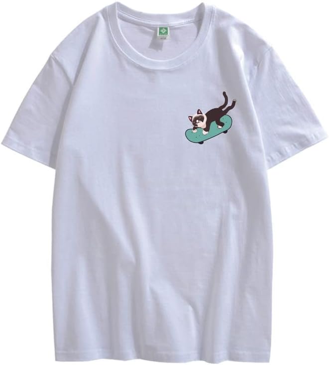 CORIRESHA Teen Kawaii Ropa Skateboard Cat Casual Cuello Redondo Camiseta de Algodón Suave