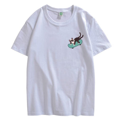 CORIRESHA Teen Kawaii Ropa Skateboard Cat Casual Cuello Redondo Camiseta de Algodón Suave