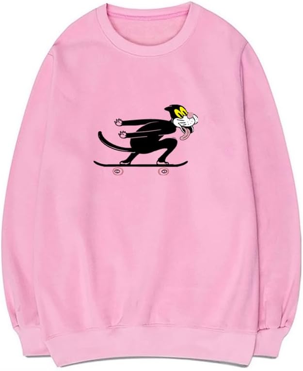 CORIRESHA Unisex Cute Cat Crewneck Long Sleeves Casual Cotton Skateboard Sweatshirts