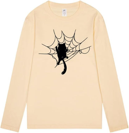 CORIRESHA Halloween Spider Web Crew Neck Long Sleeve Casual Cat Lover T-Shirt