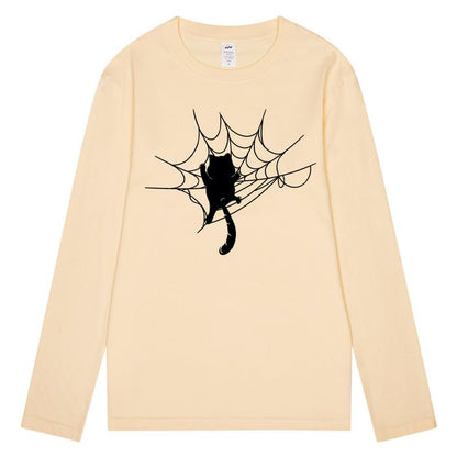 CORIRESHA Halloween Spider Web Crew Neck Long Sleeve Casual Cat Lover T-Shirt