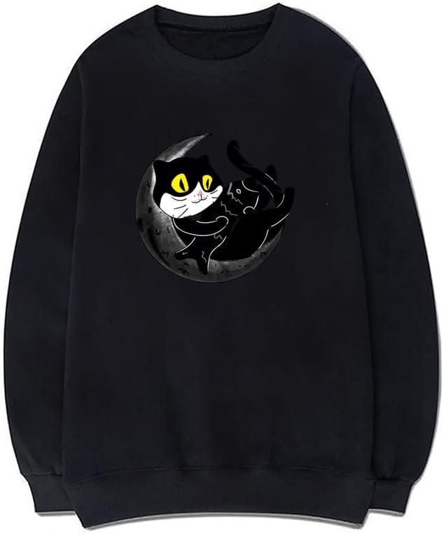 CORIRESHA Unisex Funny Cat Sweatshirt Crew Neck Long Sleeve Cozy Moon Pullover