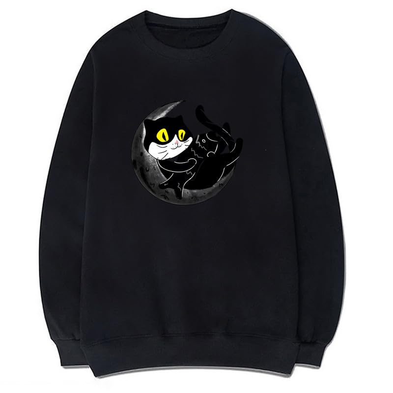 CORIRESHA Unisex Funny Cat Sweatshirt Crew Neck Long Sleeve Cozy Moon Pullover