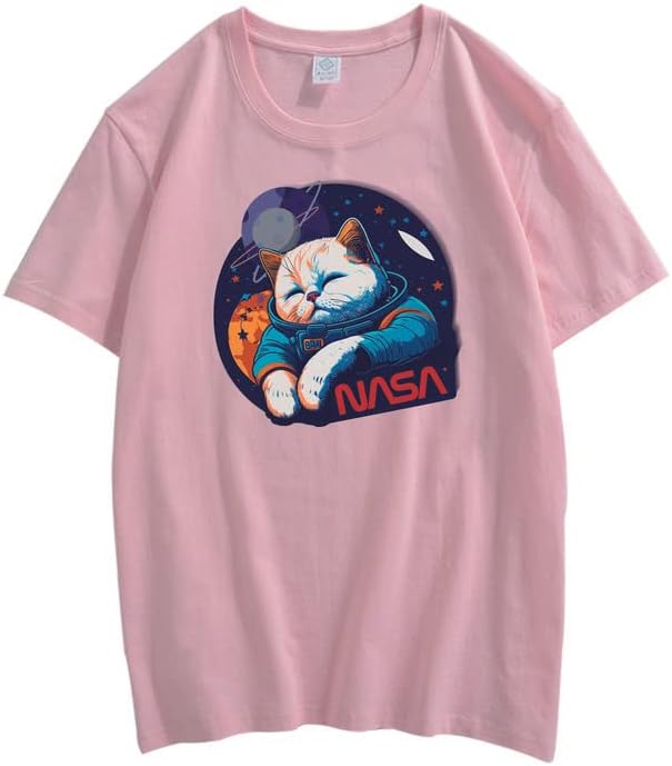 CORIRESHA Camiseta holgada de manga corta con cuello redondo de la NASA y gato lindo para adolescentes