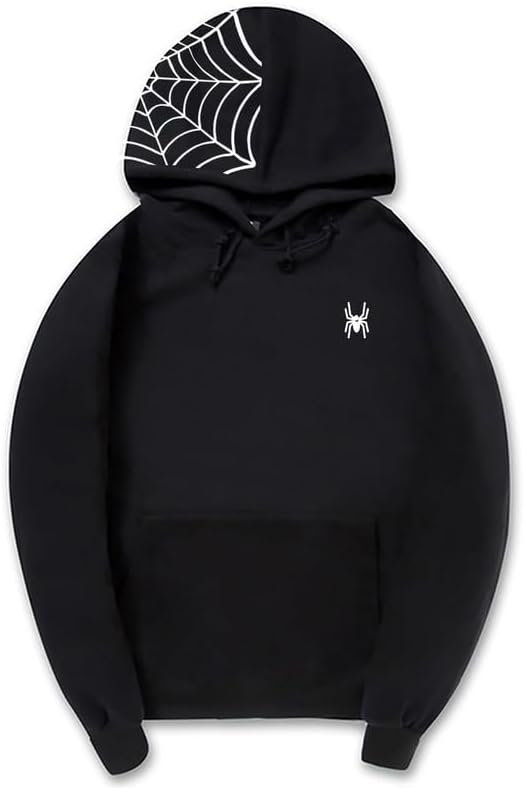 CORIRESHA Teen Y2K Spider Web Hoodie Casual Drawstring Long Sleeve Cotton Halloween Sweatshirt