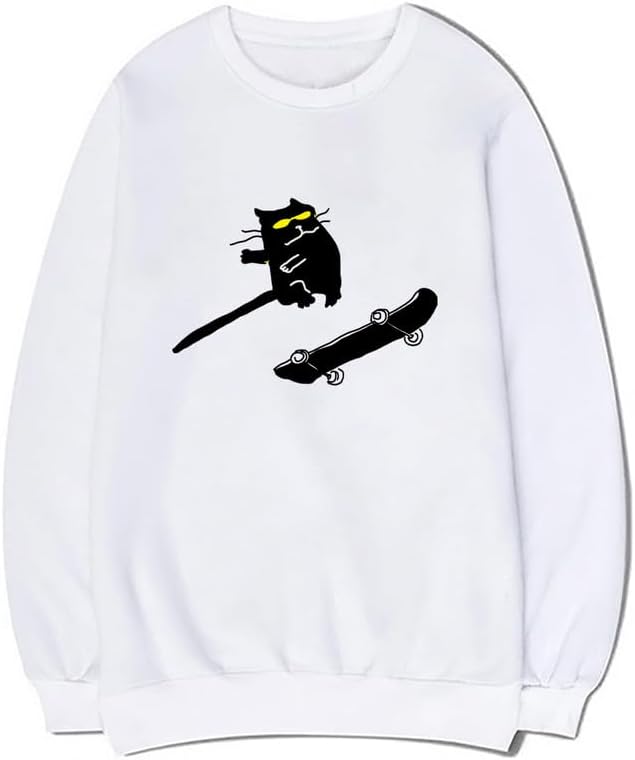 CORIRESHA Funny Cat Skateboard Crewneck Long Sleeve Cotton Basic Casual Pullover Sweatshirt