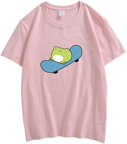 CORIRESHA Cute Frog Camiseta Cuello Redondo Manga Corta Casual Unisex Skateboard Top