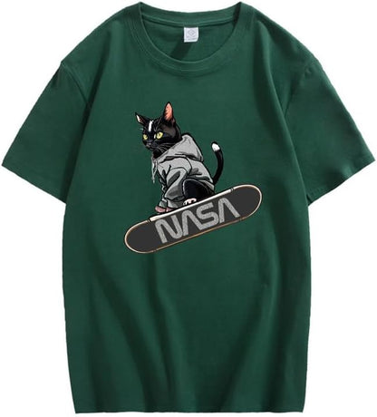 CORIRESHA Camiseta holgada informal de manga corta con cuello redondo y monopatín de gato para mujer