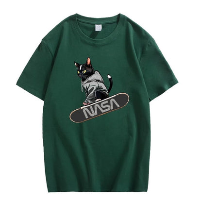 CORIRESHA Camiseta holgada informal de manga corta con cuello redondo y monopatín de gato para mujer