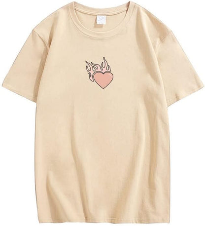 CORIRESHA Adolescente Lindo Corazón Llama Cuello Redondo Manga Corta Casual Algodón San Valentín Camiseta