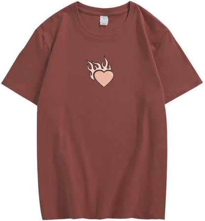 CORIRESHA Adolescente Lindo Corazón Llama Cuello Redondo Manga Corta Casual Algodón San Valentín Camiseta