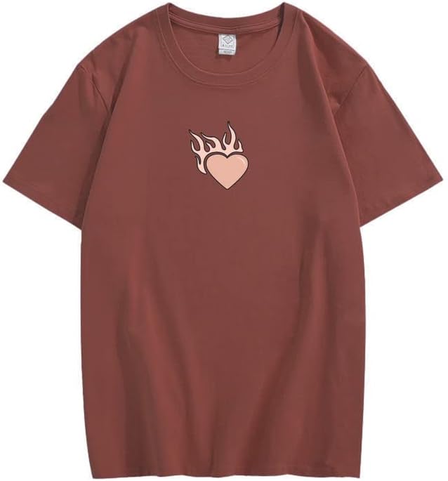 CORIRESHA Teen Cute Heart Flame Crewneck Short Sleeve Casual Cotton Valentine T-Shirt