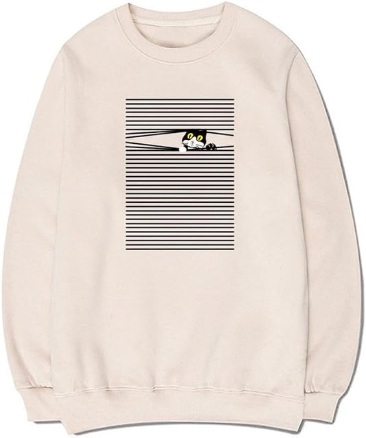 CORIRESHA Funny Cat Sweatshirt Crew Neck Long Sleeve Cotton Casual Striped Pullover