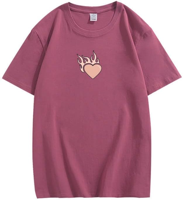 CORIRESHA Adolescente Lindo Corazón Llama Cuello Redondo Manga Corta Casual Algodón San Valentín Camiseta