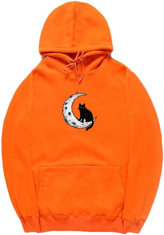 CORIRESHA Sudadera con capucha unisex Moon Cat Casual de manga larga suave y linda sudadera con bolsillo