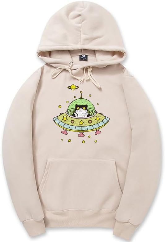 CORIRESHA Space Lover Hoodie Long Sleeve Drawstring Cute Cat Spaceship Sweatshirt