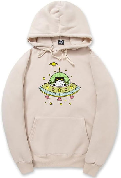 CORIRESHA Space Lover Hoodie Long Sleeve Drawstring Cute Cat Spaceship Sweatshirt