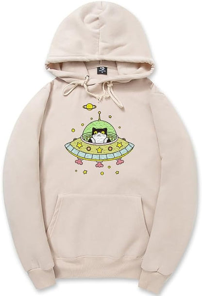 CORIRESHA Space Lover Hoodie Long Sleeve Drawstring Cute Cat Spaceship Sweatshirt