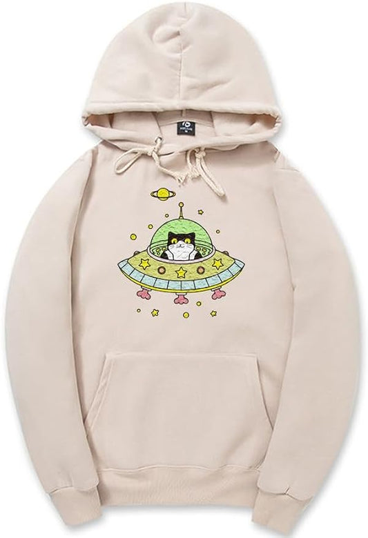 CORIRESHA Space Lover Hoodie Long Sleeve Drawstring Cute Cat Spaceship Sweatshirt