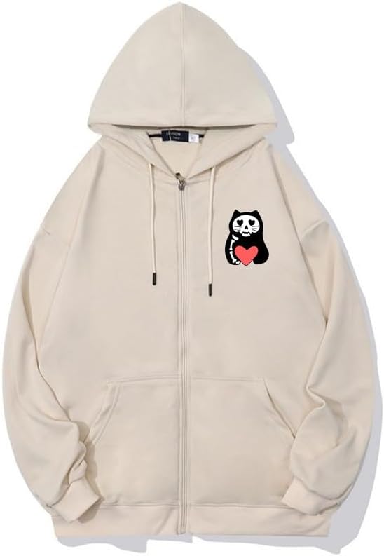 CORIRESHA Unisex Funny Cat Heart Zip Hoodie Long Sleeve Casual Sweatshirt