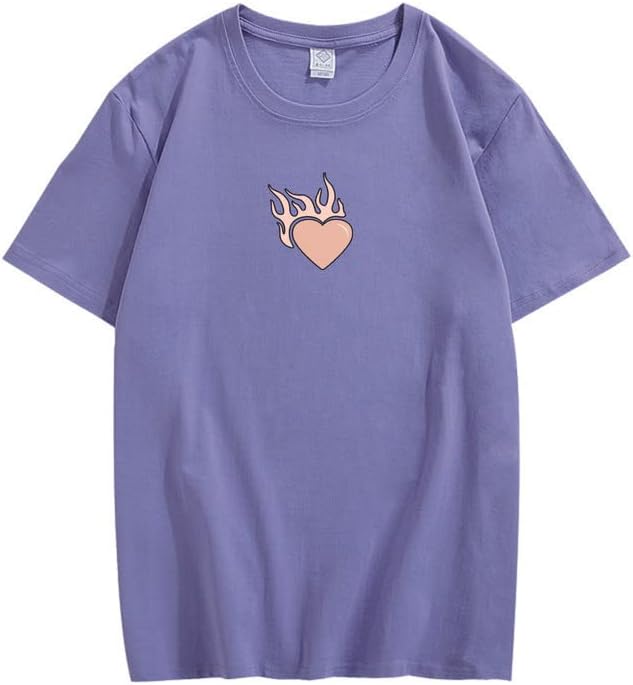 CORIRESHA Teen Cute Heart Flame Crewneck Short Sleeve Casual Cotton Valentine T-Shirt