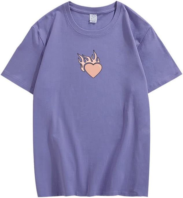 CORIRESHA Adolescente Lindo Corazón Llama Cuello Redondo Manga Corta Casual Algodón San Valentín Camiseta