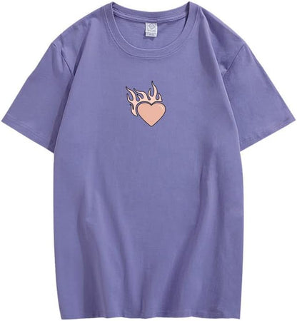 CORIRESHA Adolescente Lindo Corazón Llama Cuello Redondo Manga Corta Casual Algodón San Valentín Camiseta
