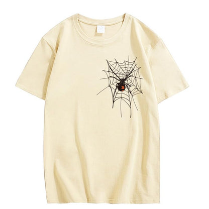 CORIRESHA Halloween Spider Web Camiseta Cuello Redondo Manga Corta Casual Adolescente Y2K Estética Ropa