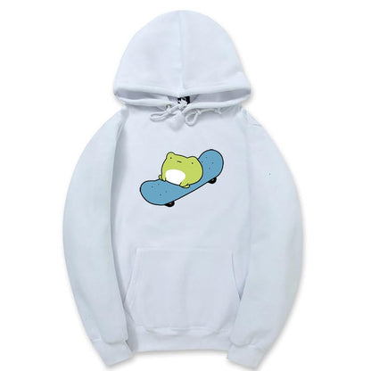 CORIRESHA Sudadera básica con capucha de rana para mujer, manga larga, bolsillo canguro, monopatín