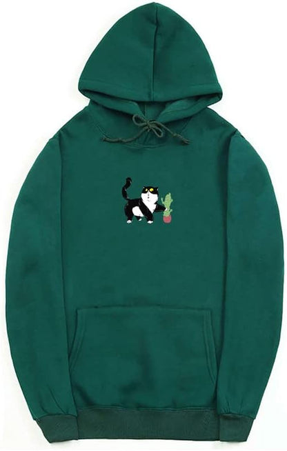 CORIRESHA Cat Lover's Cactus Sudadera con capucha casual de manga larga con cordón suave adolescente linda sudadera