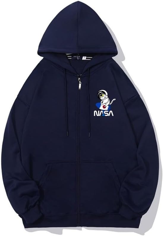 CORIRESHA Space Astronaut Cat Zip Hoodie Drawstring Rocket NASA Sweatshirt