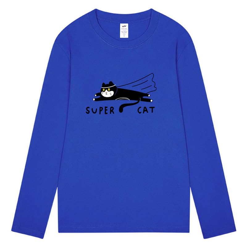 CORIRESHA Unisex Funny Run Cat Crewneck Long Sleeves Cozy Cotton Cute T-Shirts