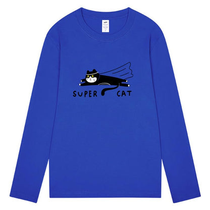 CORIRESHA Unisex Funny Run Cat Crewneck Long Sleeves Cozy Cotton Cute T-Shirts