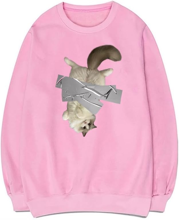 CORIRESHA Cute Handstand Cat Sweatshirt Crewneck Long Sleeve Casual Simple Pullover