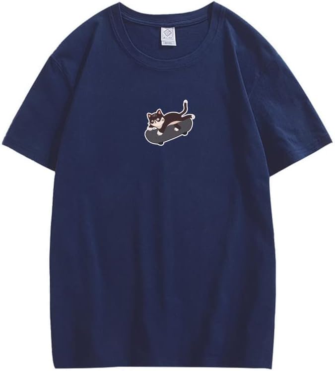 CORIRESHA Unisex Kawaii Ropa Cuello Redondo Manga Corta Lindo Monopatín Gato Camiseta Suelta
