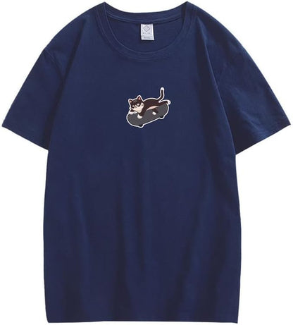 CORIRESHA Unisex Kawaii Ropa Cuello Redondo Manga Corta Lindo Monopatín Gato Camiseta Suelta