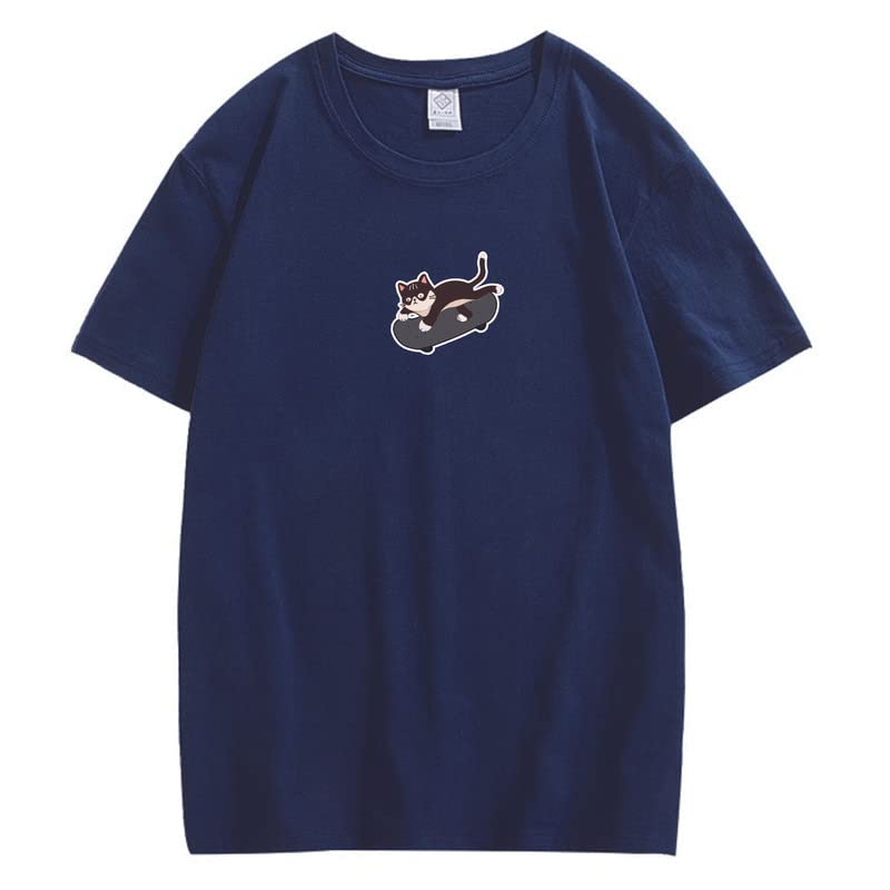 CORIRESHA Unisex Kawaii Ropa Cuello Redondo Manga Corta Lindo Monopatín Gato Camiseta Suelta