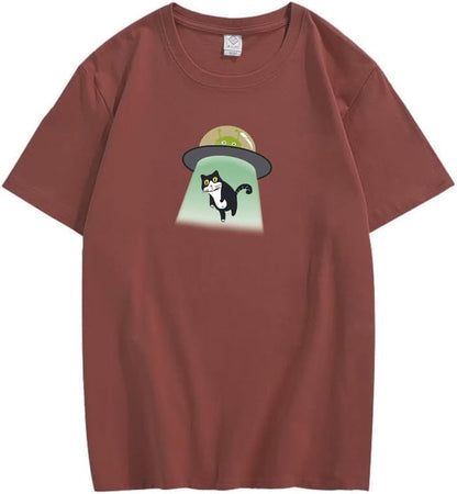 CORIRESHA Alien nave espacial abducción gato vintage unisex divertido espacio camiseta