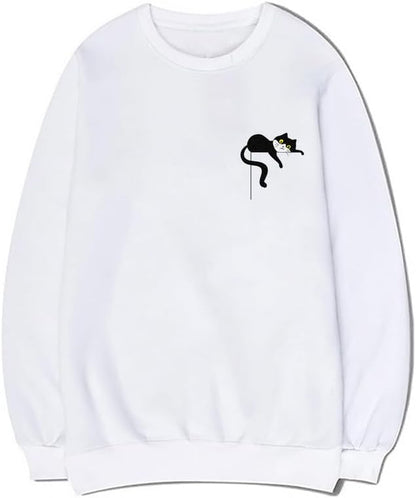 CORIRESHA Unisex Cute Lazy Cat Crew Neck Long Sleeve Soft Basic Sweatshirt