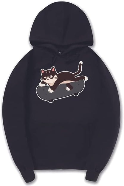 CORIRESHA Amantes de los gatos Sudadera con capucha linda Monopatín Casual Cordón Manga larga Sudadera unisex