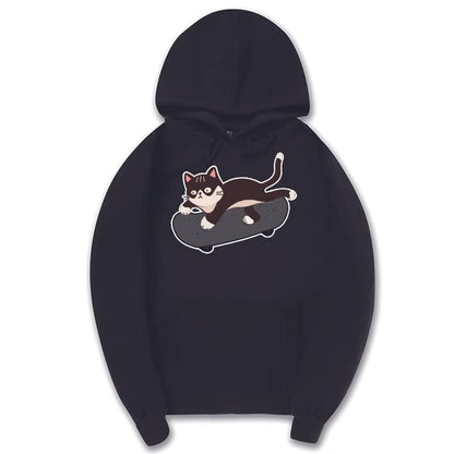 CORIRESHA Amantes de los gatos Sudadera con capucha linda Monopatín Casual Cordón Manga larga Sudadera unisex