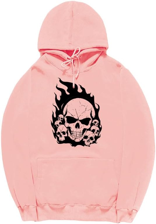 CORIRESHA Teen Halloween Skull Hoodie Long Sleeve Drawstring Y2K Aesthetic Flame Sweatshirt