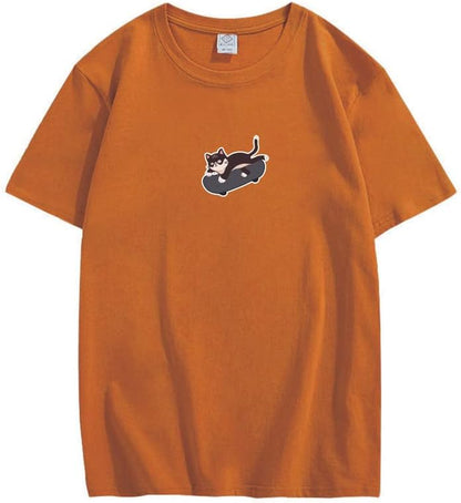 CORIRESHA Unisex Kawaii Ropa Cuello Redondo Manga Corta Lindo Monopatín Gato Camiseta Suelta
