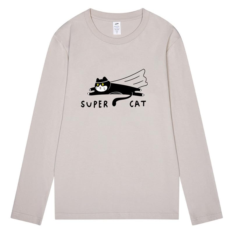 CORIRESHA Unisex Funny Run Cat Crewneck Long Sleeves Cozy Cotton Cute T-Shirts