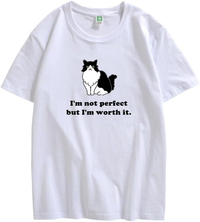 CORIRESHA Camiseta personalizada de algodón suelta casual de manga corta con cuello redondo de gato lindo para mujer