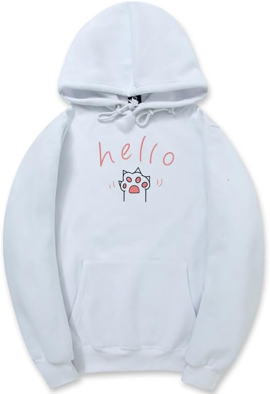 CORIRESHA Cat Paw Graphic Hoodie Drawstring Pocket Kawaii Cute Letter Sweatshirt