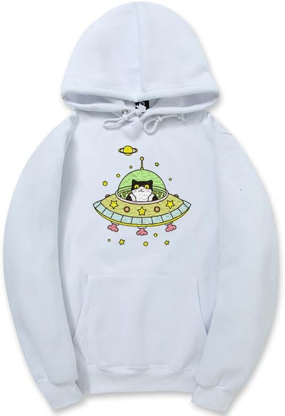 CORIRESHA Space Lover Hoodie Long Sleeve Drawstring Cute Cat Spaceship Sweatshirt