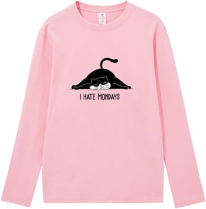 CORIRESHA Teen Cute Lazy Cat Print Crewneck Long Sleeve Casual Cotton T-Shirt